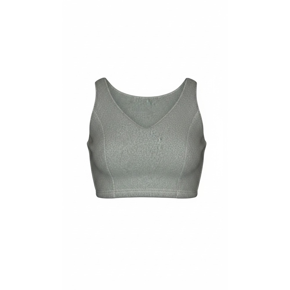 048-Women's White Fuzzy Plush Crop Tank Top Size Small Soft V Neck Cozy
